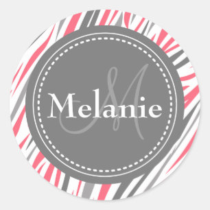 Sticker Rond Modèle de zèbre rose et gris monogramme