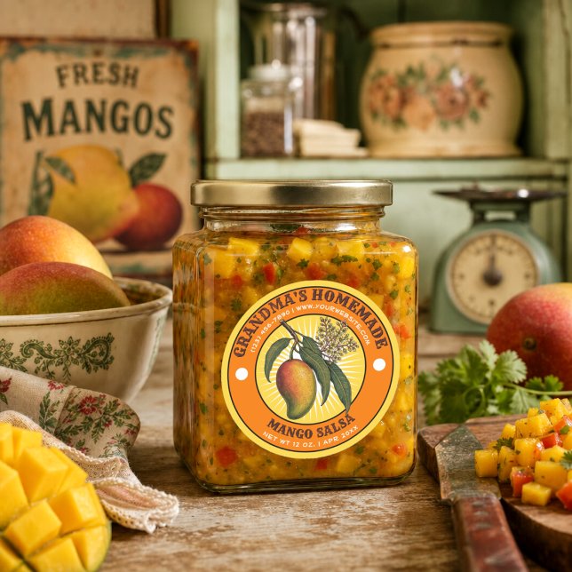 Sticker Rond Modèle d'étiquette de salsa de mangue fait maison  (Créateur téléchargé)