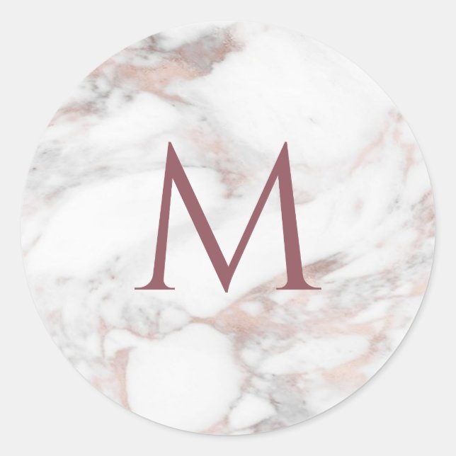 Sticker Rond Modèle élégant en marbre doré rose monogramme (Devant)