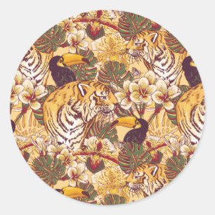 Sticker Rond Modèle floral tropical avec tigre