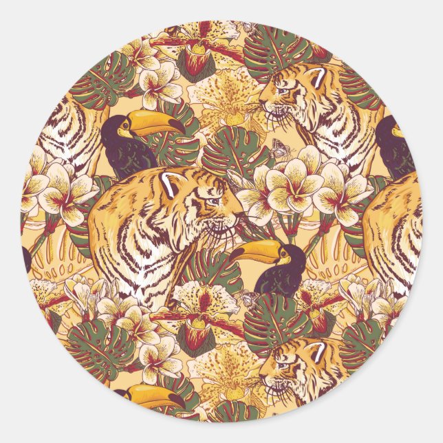 Sticker Rond Modèle floral tropical avec tigre (Devant)
