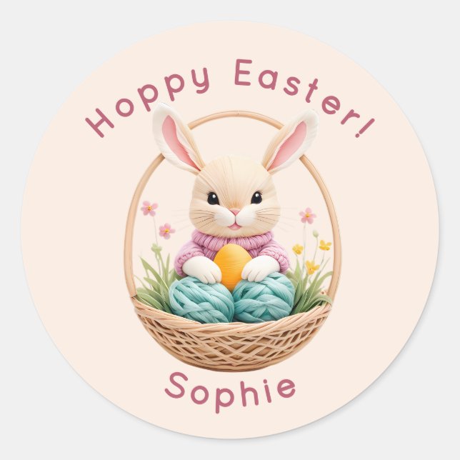 Sticker Rond Modern 3D Yarn Art Easter Bunny Personalized Stick (Devant)