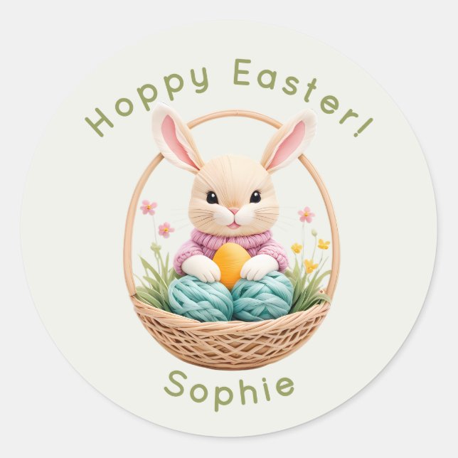 Sticker Rond Modern 3D Yarn Art Easter Bunny Personalized Stick (Devant)