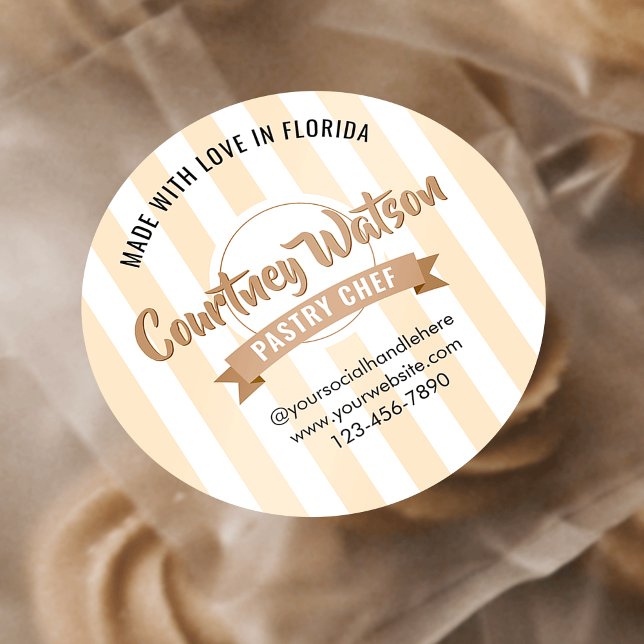 Sticker Rond Modern Beige Stripe Cake Bakery Pastry Chef (Créateur téléchargé)