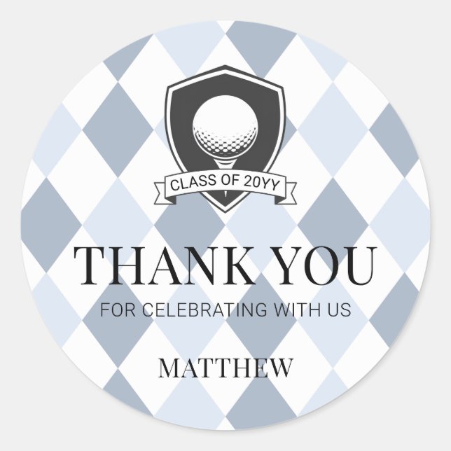 Sticker Rond Modern Blue and Black Golf Graduation Thank You (Devant)