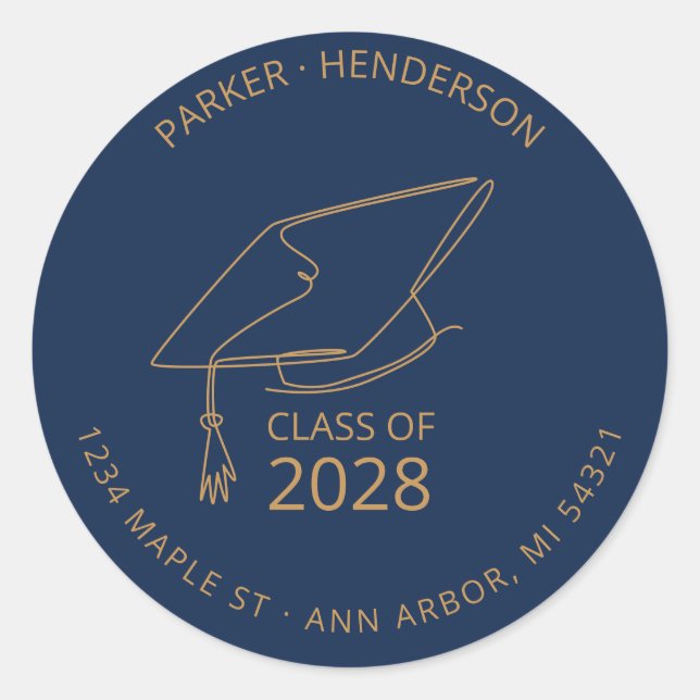 Sticker Rond Modern Blue Gold Casquette Graduate Adresse de ret (Devant)