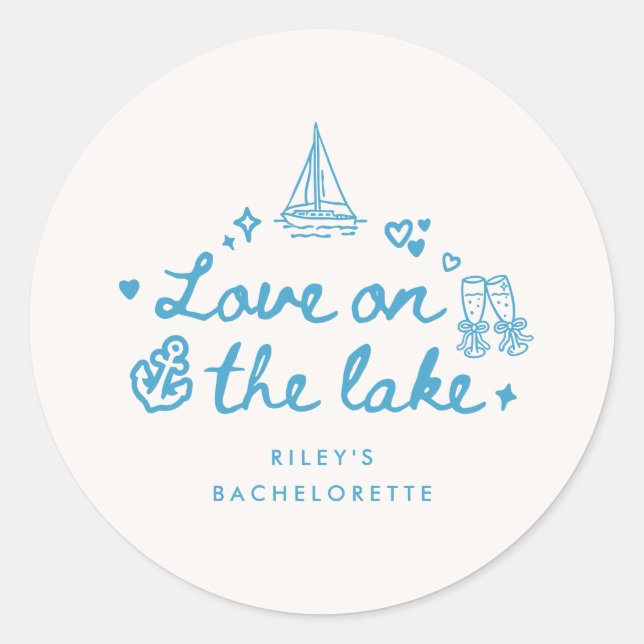 Sticker Rond Modern Blue Script Lake Bachelorette Party (Devant)