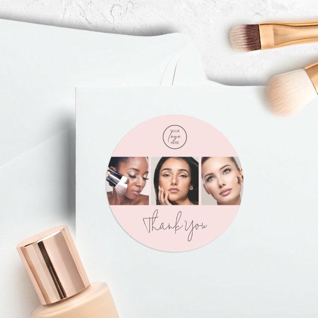 Sticker Rond Modern Blush Pink Script 3 Photo Makeup Thank You (Créateur téléchargé)