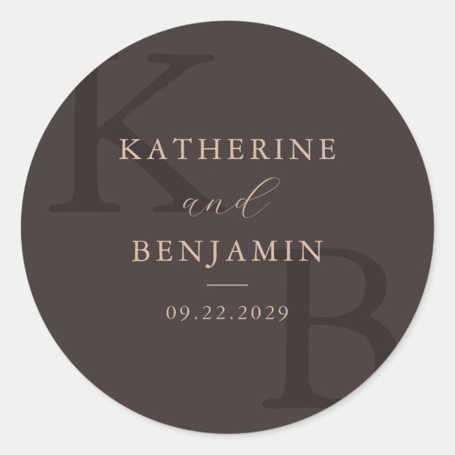 Sticker Rond Modern Brown Monogram Minimalist Wedding (Devant)