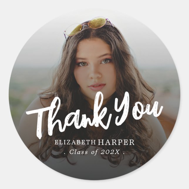 Sticker Rond Modern Brush Script Photo Graduation Thank You (Devant)