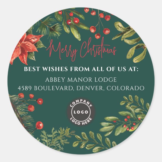 Sticker Rond Modern Business Logo Merry Christmas Botanical (Devant)