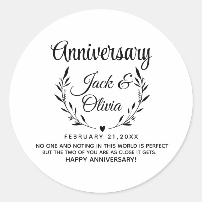 Sticker Rond Modern Custom Anniversary Couple Name Date Black (Devant)
