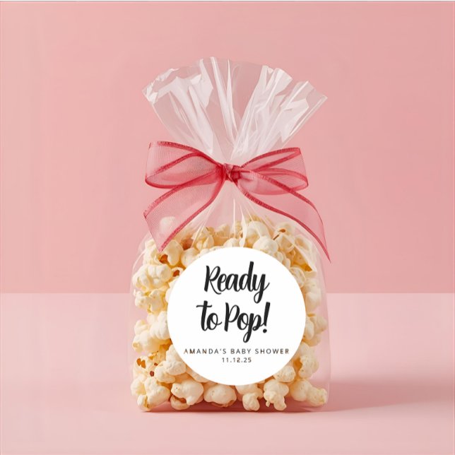 Sticker Rond Modern Custom Baby Shower Black Text Popcorn  (Modern elegant baby shower popcorn round sticker )