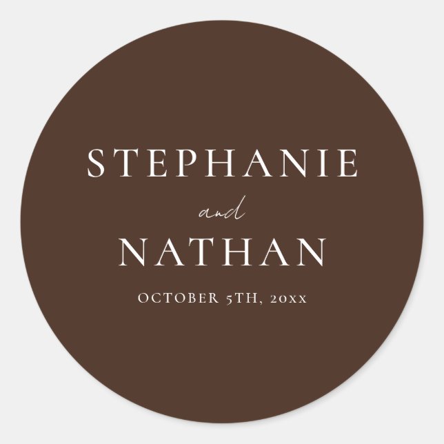 Sticker Rond Modern Dark Brown Minimalist Wedding (Devant)