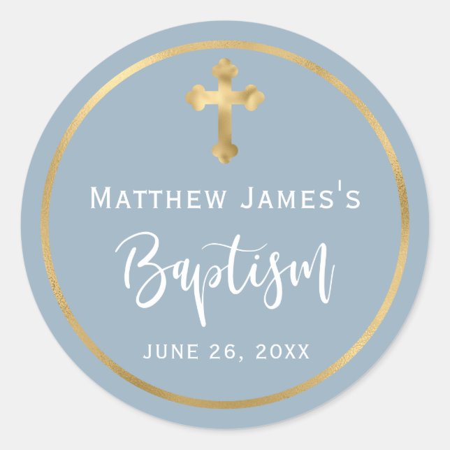 Sticker Rond Modern Dusty Blue Gold Cross Boy Baptism  (Devant)
