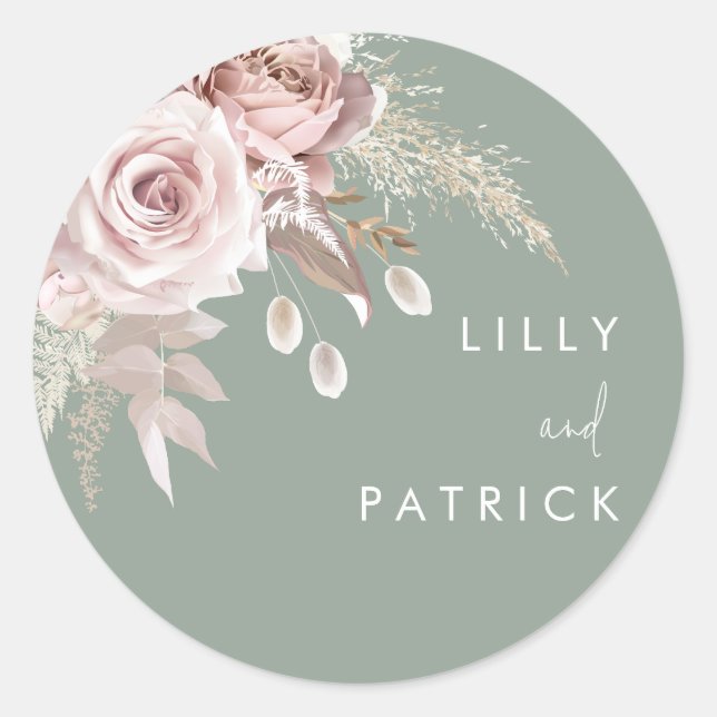 Sticker Rond Modern Dusty Rose Blush & Sage Wedding (Devant)