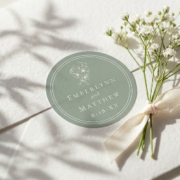 Sticker Rond Modern Elegant Sage Green Botanical Wedding