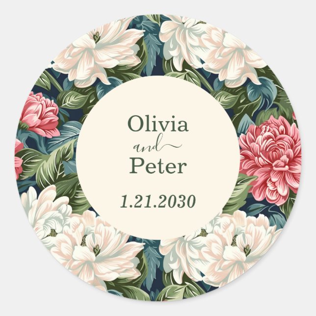 Sticker Rond Modern Floral Wedding Pink and White (Devant)