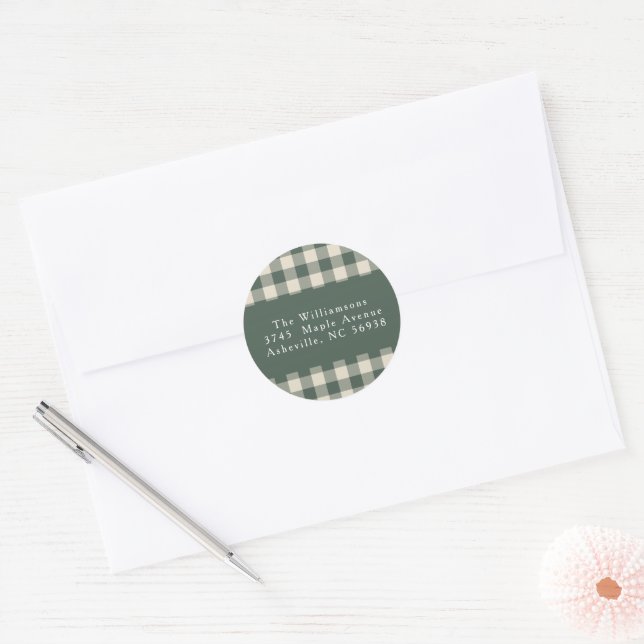 Sticker Rond Modern Forest Green Plaid Christmas Adresse de ret (Enveloppe)