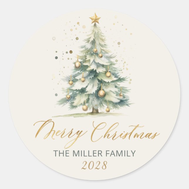 Sticker Rond Modern Gold Script Watercolor Christmas Tree  (Devant)