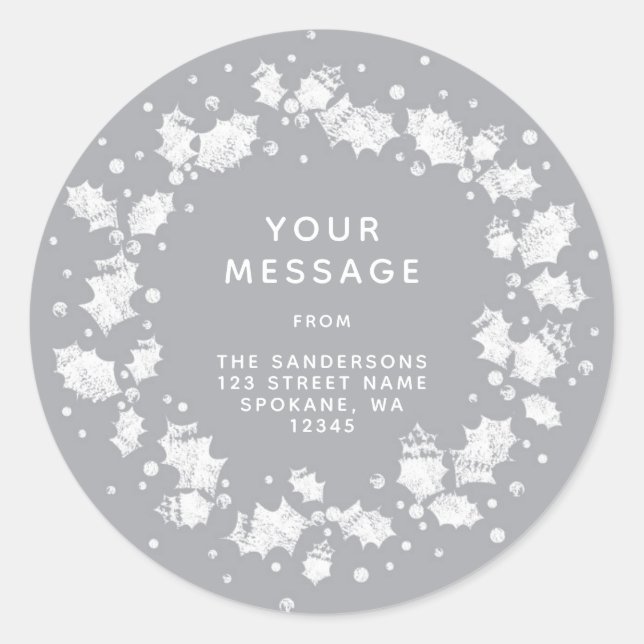 Sticker Rond Modern Grey Christmas Holly Wreath Return Adresse (Devant)
