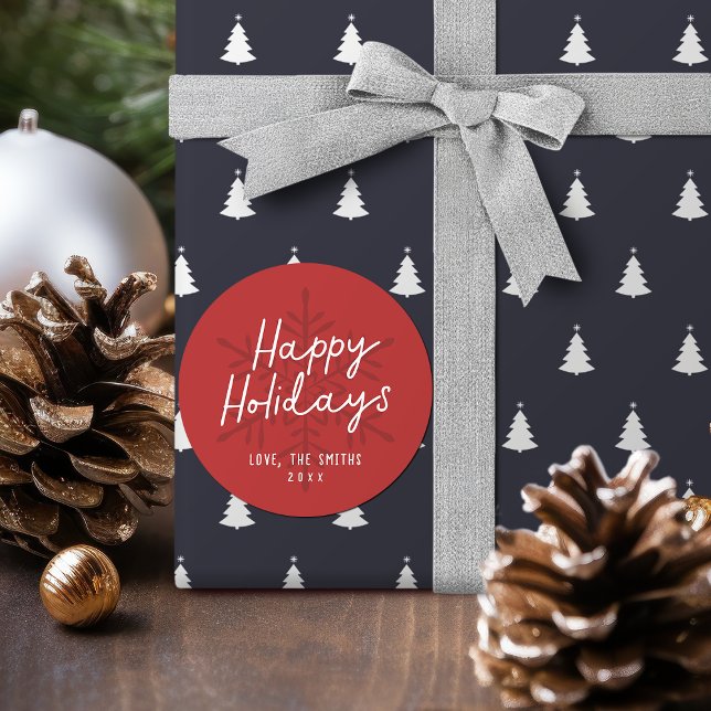 Sticker Rond Modern Happy Holidays Script Snowflakes Christmas (Modern Happy Holidays Script Snowflakes Christmas Classic Round Sticker)