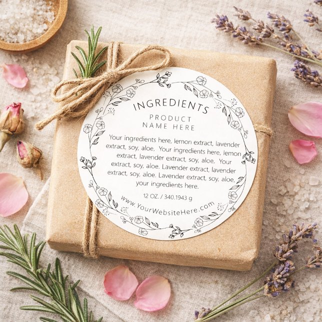 Sticker Rond Modern Line Art Floral Wreath Ingredients Labels (Modern Line Art Floral Wreath Ingredients Labels)