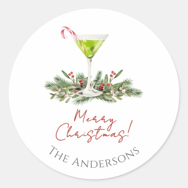 Sticker Rond Modern Merry Christmas Candy Cane Cocktail Martini (Devant)