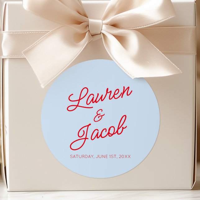 Sticker Rond Modern Minimal Minimalist Blue and Red Wedding (Créateur téléchargé)