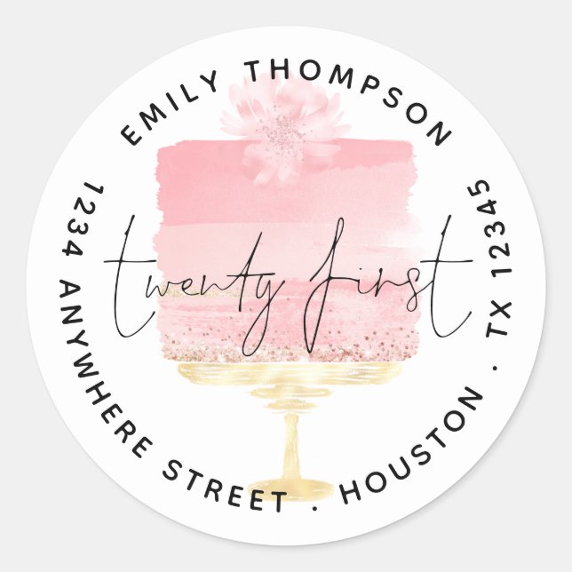 Sticker Rond Modern Pink Cake Script 21st Nom Adresse de retour (Devant)