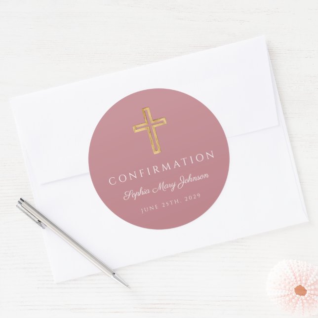 Sticker Rond Modern Pink Religious Cross Girl Confirmation (Enveloppe)