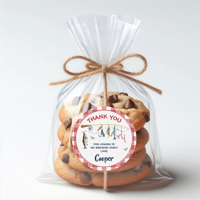 Sticker Rond Modern Red Gingham Fishing Birthday  (Ofishally One Birthday Sticker, Fishing Themed Birthday Sticker, Ofishal Birthday Sticker Gingham
)