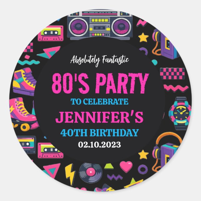 Sticker Rond Modern Retro Neon 80’s Birthday Party for Adults (Devant)