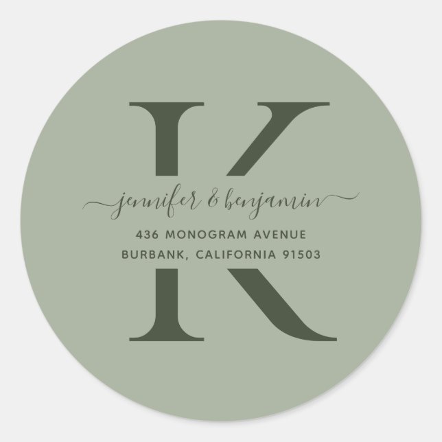 Sticker Rond Modern Sage Green Script Monogramme Adresse de ret (Devant)