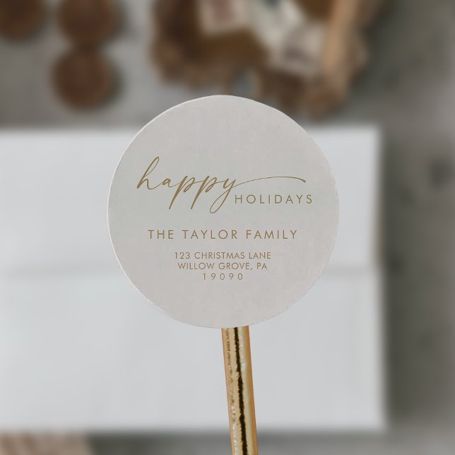 Sticker Rond Modern Script Gold Cream Holiday Adresse de retour (Créateur téléchargé)