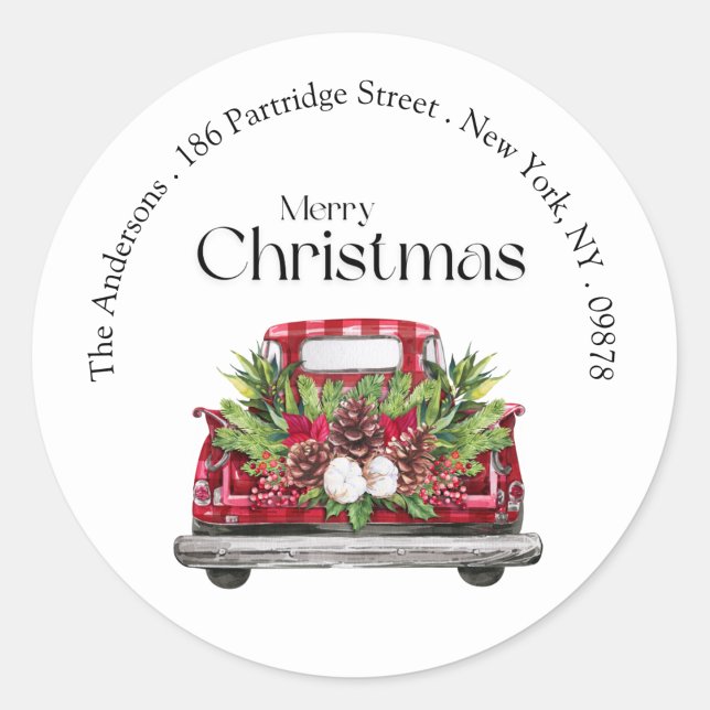 Sticker Rond Modern Simple Red Truck Christmas Retours Adresse (Créateur téléchargé)