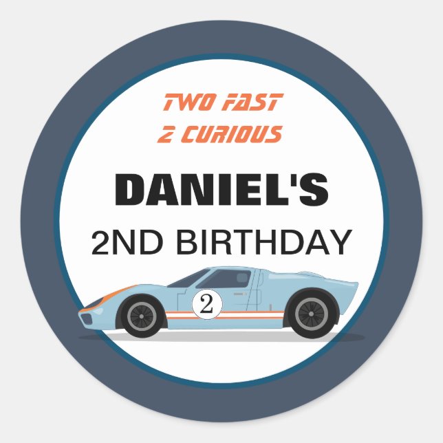 Sticker Rond Modern Two Fast Race Car Boy 2e anniversaire (Devant)