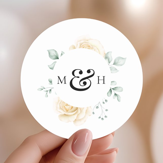 Sticker Rond Modern Watercolour Greenery Monogram Wedding (Créateur téléchargé)