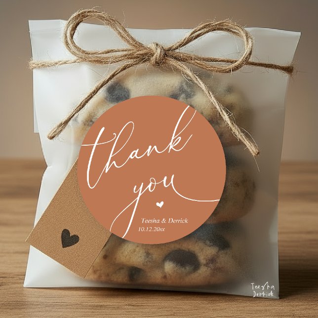 Sticker Rond Modern Wedding Minimal Thank You Cute Heart Gifts (Modern Wedding Minimal Thank You Cute Cute Little Heart Gifts Classic Round Sticker in Copper Brown)