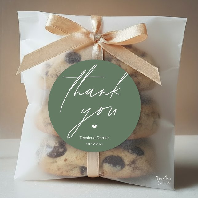 Sticker Rond Modern Wedding Thank You Minimal Cute Heart Gifts (Modern Wedding Thank You Minimal Cute Heart Gifts Classic Round Sticker in Sage Green)