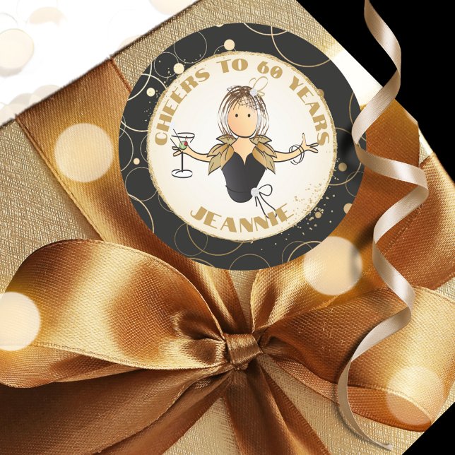Sticker Rond Moderne 60e anniversaire Fun Cheers à 60 Or Noir (Créateur téléchargé)
