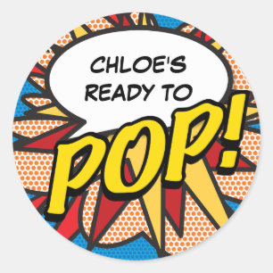 Sticker Rond Moderne Baby-Shower « Ready to POP! » sur le thème