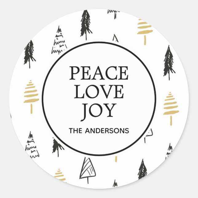 Sticker Rond Moderne Black & Gold Peace Love Joie Arbre de Noël (Devant)