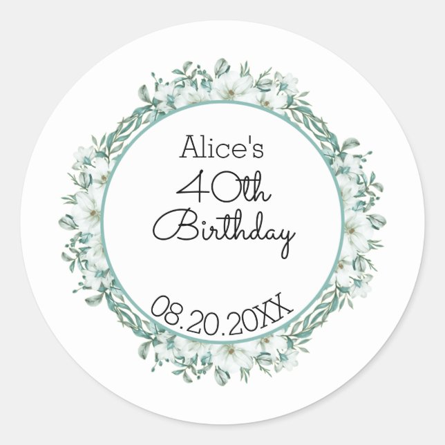 Sticker Rond Moderne Blanc Magnolia Verdure 40e anniversaire (Devant)