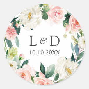 Sticker Rond Moderne Blush Floral Mariage Classic Monogramme