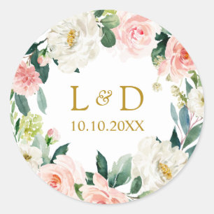 Sticker Rond Moderne Blush Gold Floral Mariage Classic Monogram