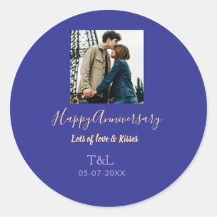 Sticker Rond Moderne boho joyeux anniversaire ajouter nom bleu