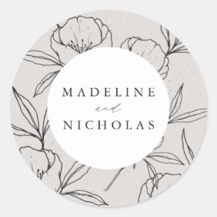 Sticker Rond Moderne Botanique Floral Gris & Mariage noir