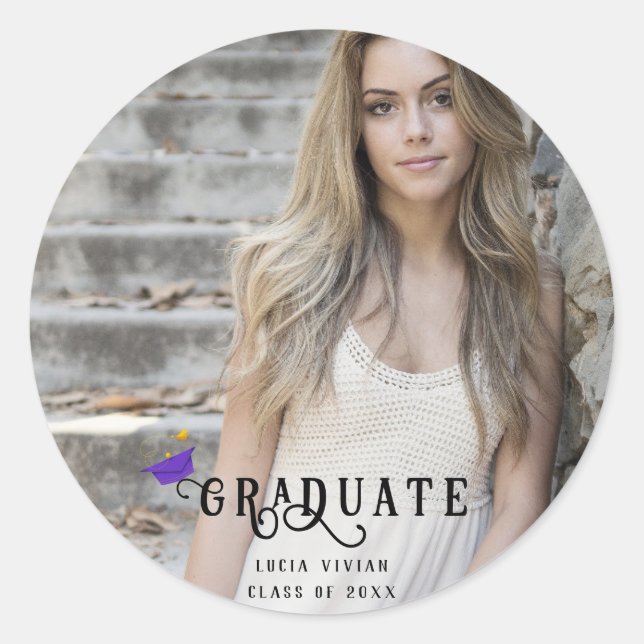 Sticker Rond Moderne Calligraphie Photo Graduation (Devant)