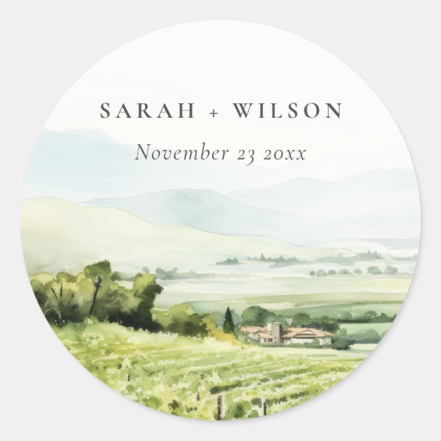 Sticker Rond Moderne Chic Aquarelle Vignoble Paysage Mariage (Devant)